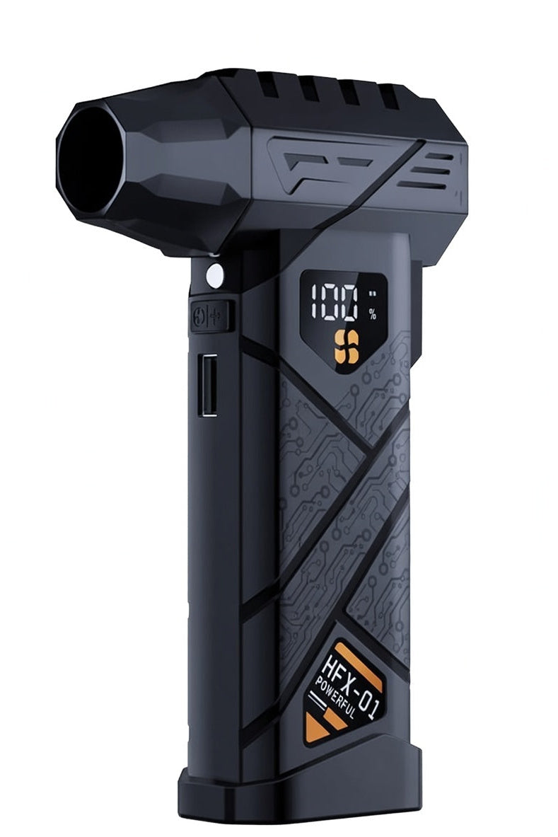 Black tire inflator with digital display on a white background